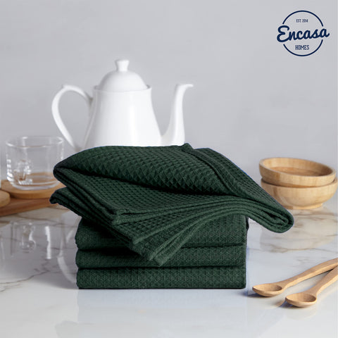 Encasa XO dark green waffle weave towel for high absorbency in the kitchen