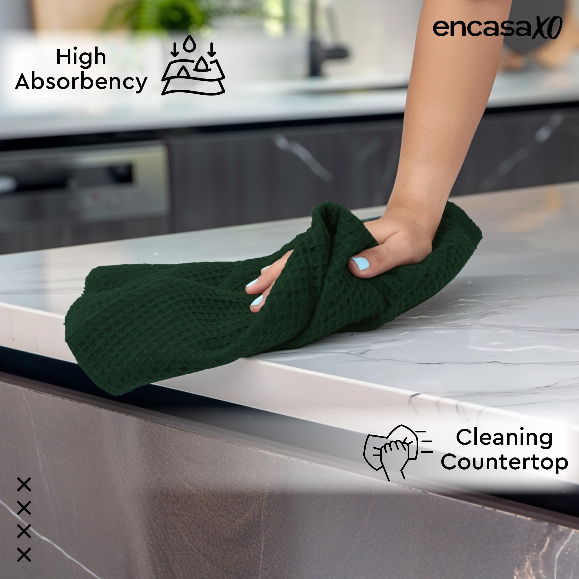 Encasa XO flat hand tea towel in dark green for hands and light dish drying