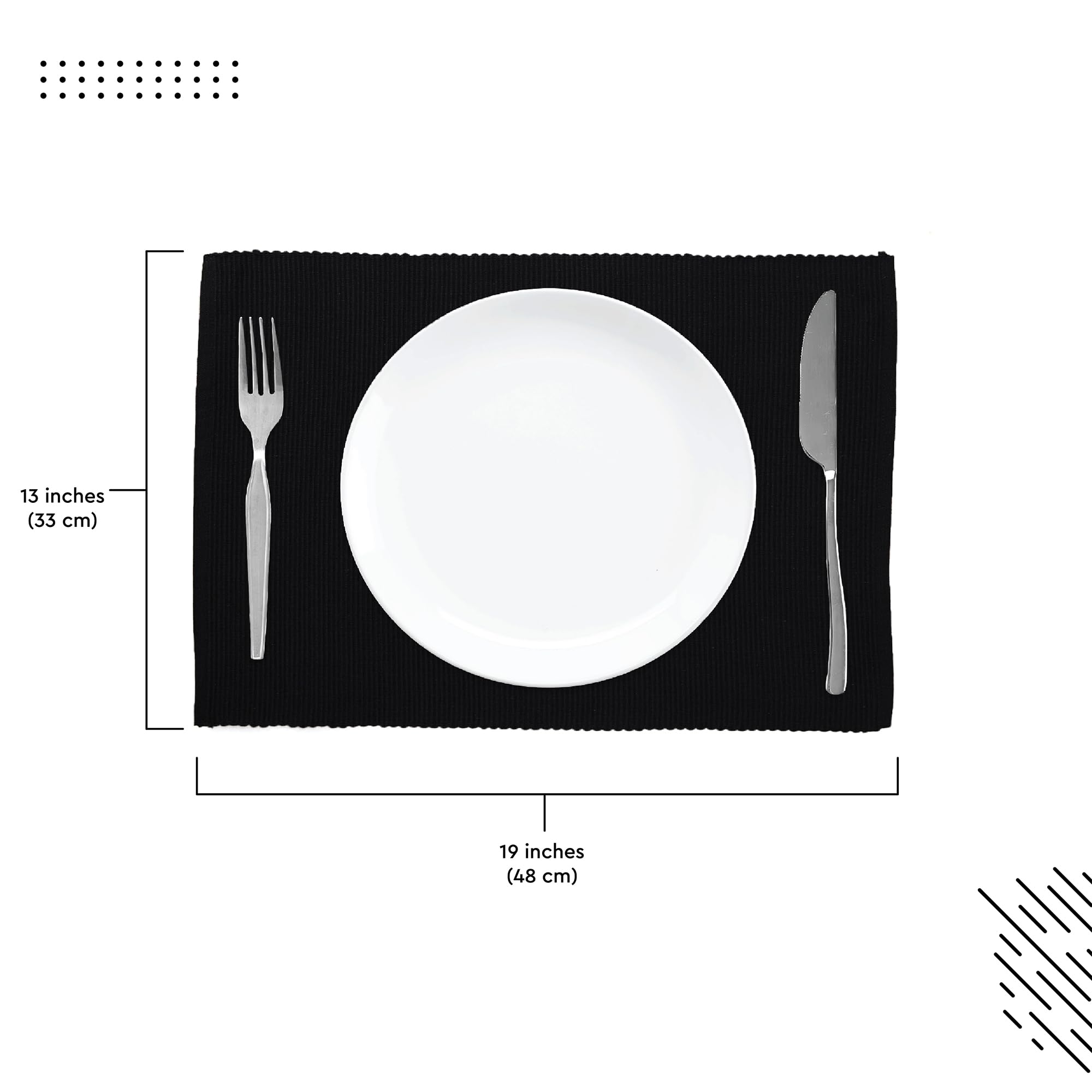 Placemat measures 19x13 inches, offering generous coverage for most place settings.