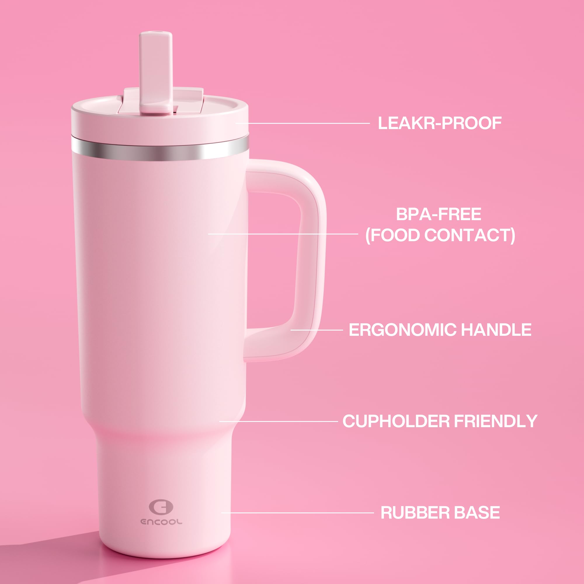 ENCOOL 40oz tumbler ergonomic design enhances comfortable grip.
