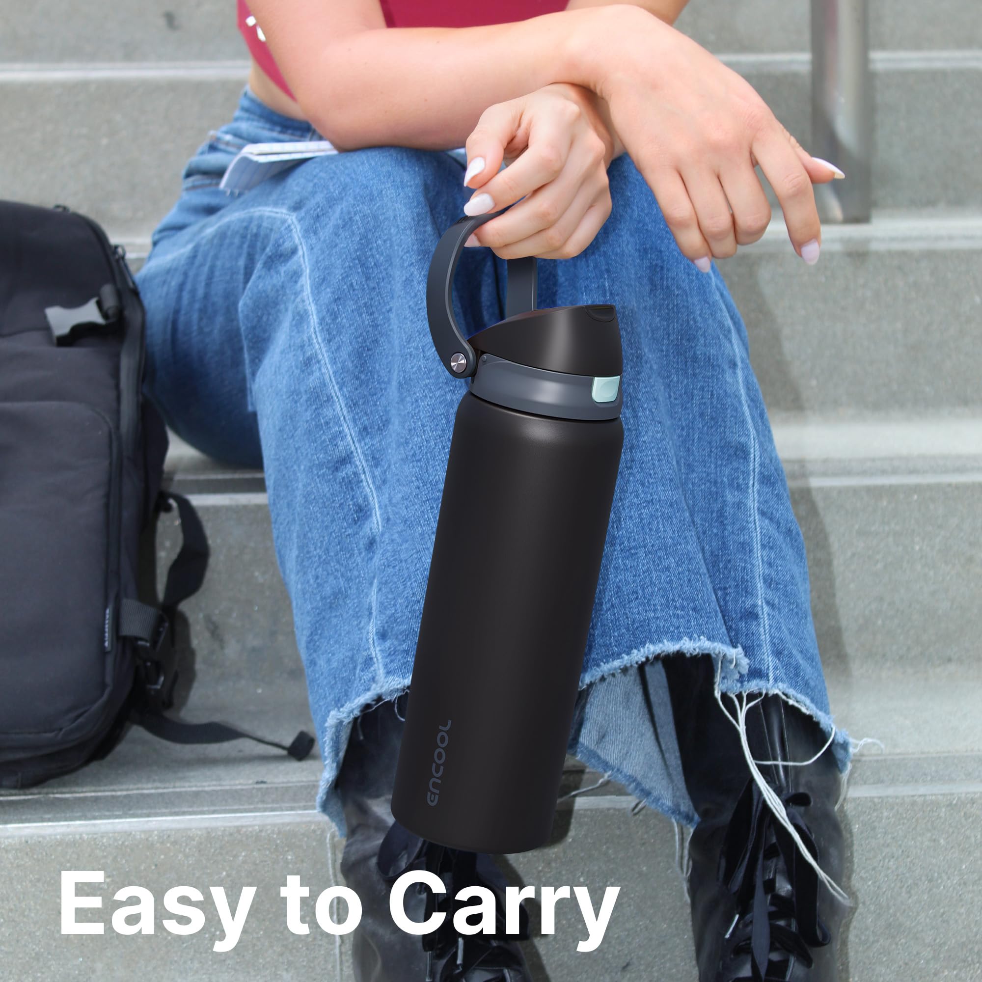 ENCOOL bottle shown at desk and in gym use for versatile hydration