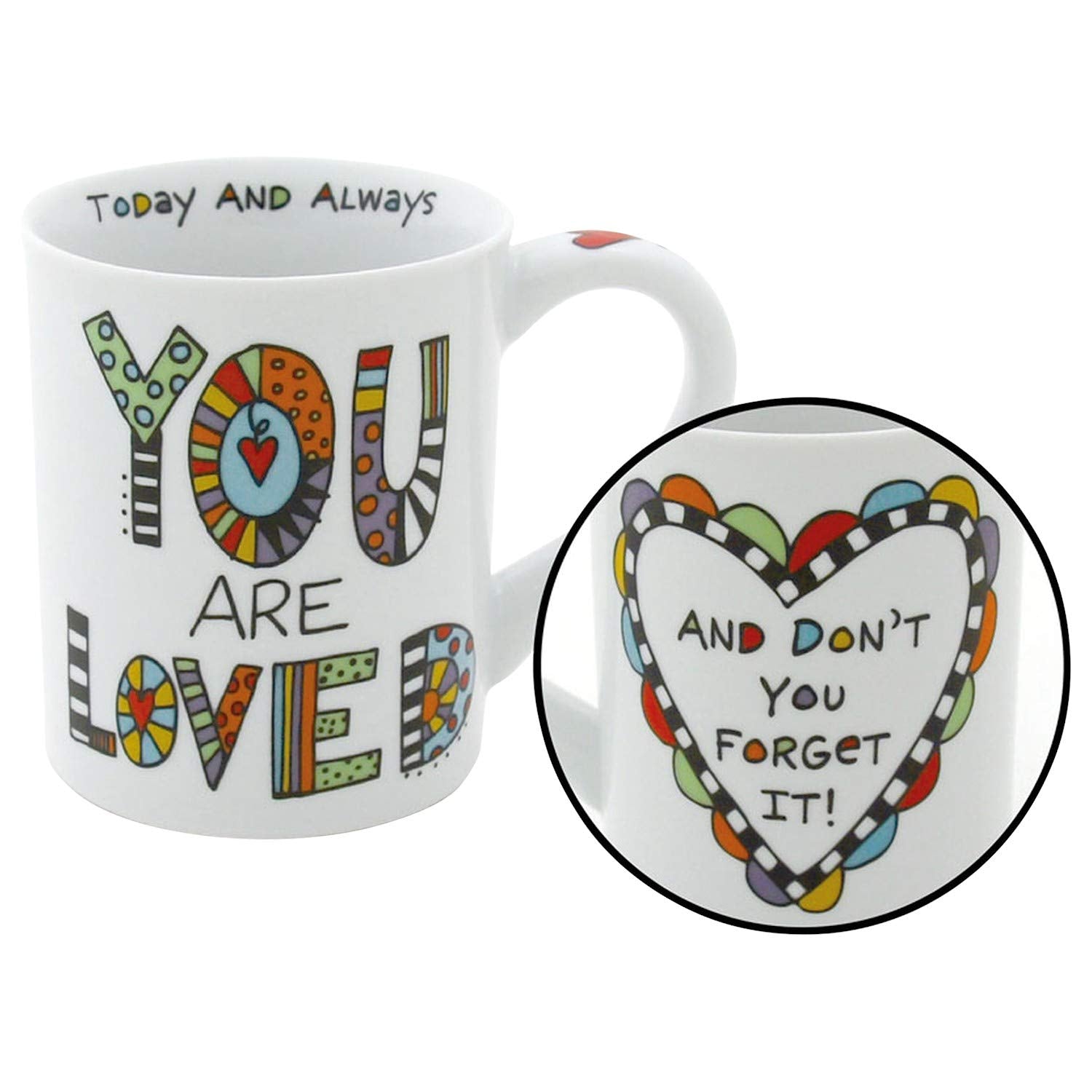 Enesco You Are Loved mug rim message complements the cheerful design for gifting.