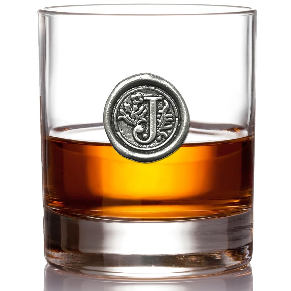 English Pewter Company 11oz old fashioned glass with monogram J for personalized gifting.