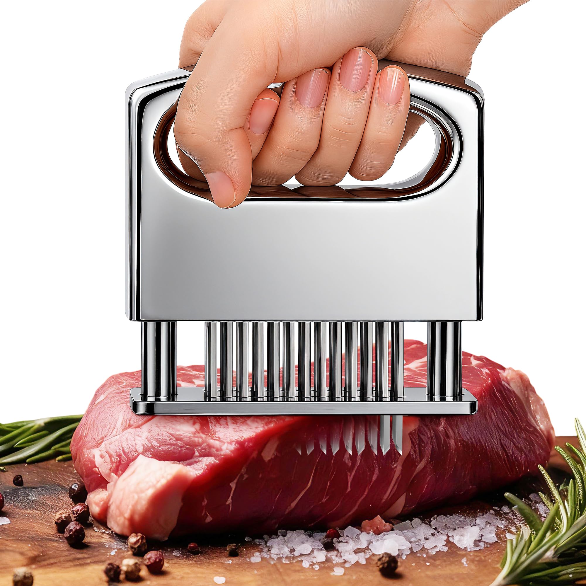 Enhon meat tenderizer with 48 needles penetrates deeply for better marinade absorption.