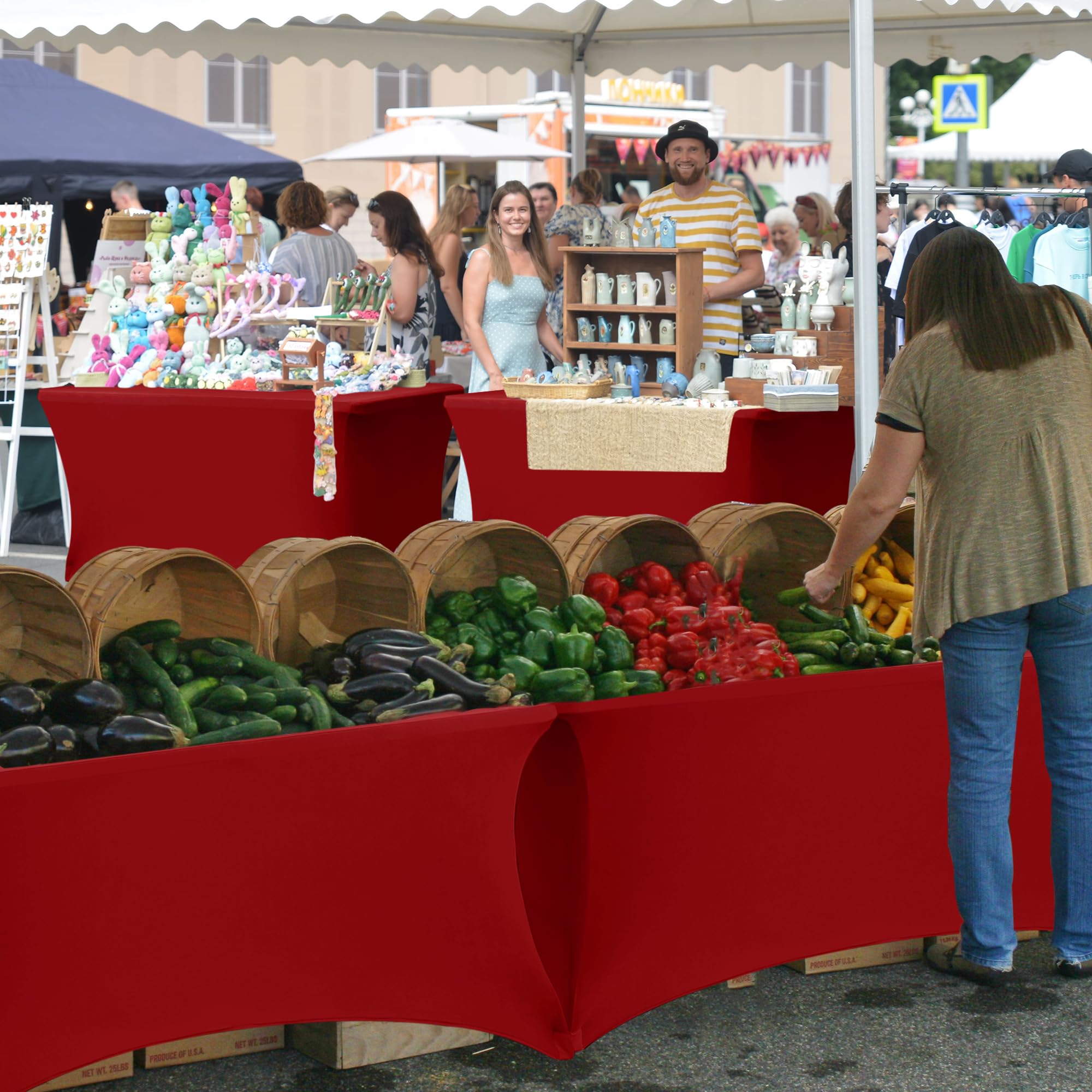 Enjoyidea spandex 6ft table cover for indoor or outdoor use at events.