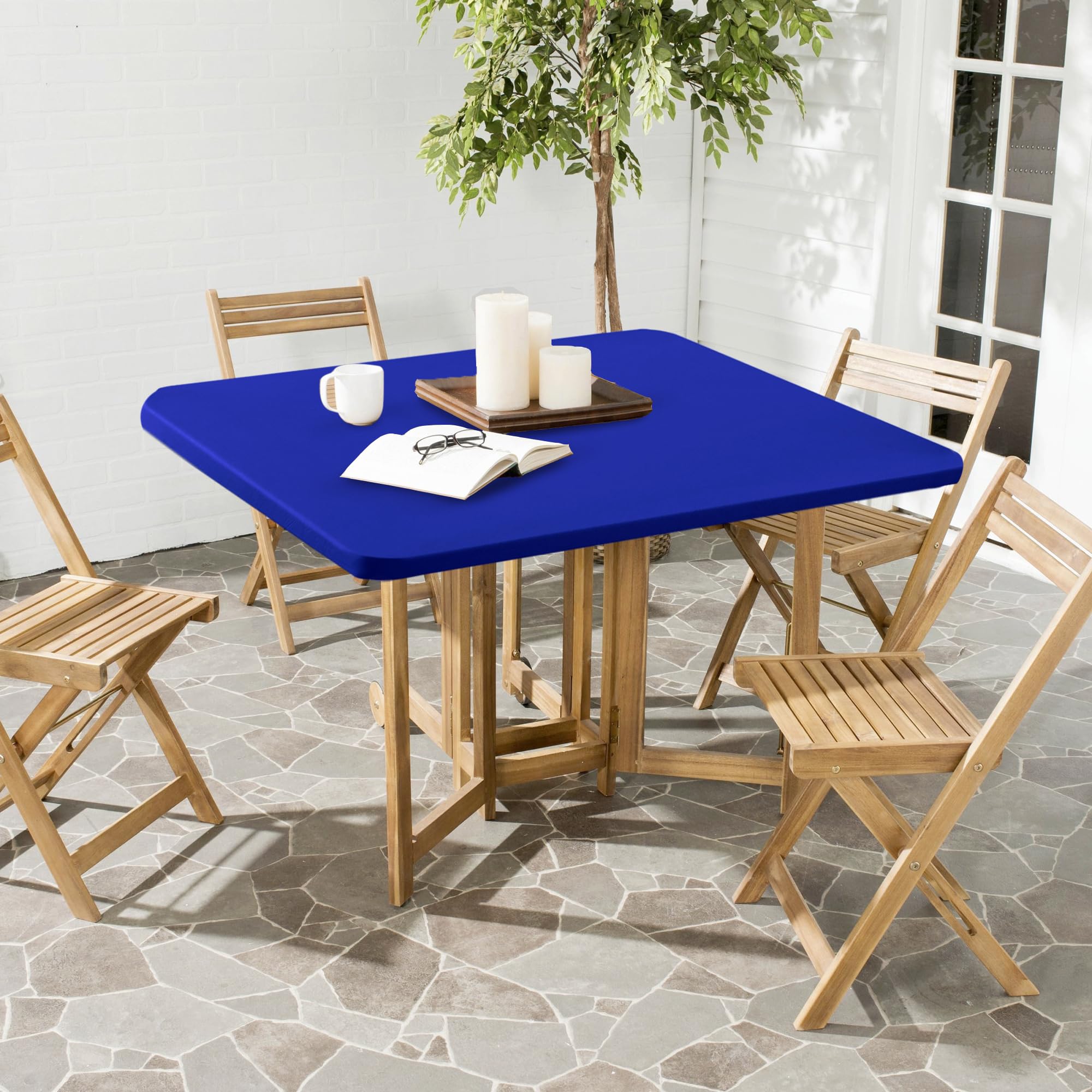 Enjoyidea square fitted tablecloth royal blue wrinkle free fabric closeup
