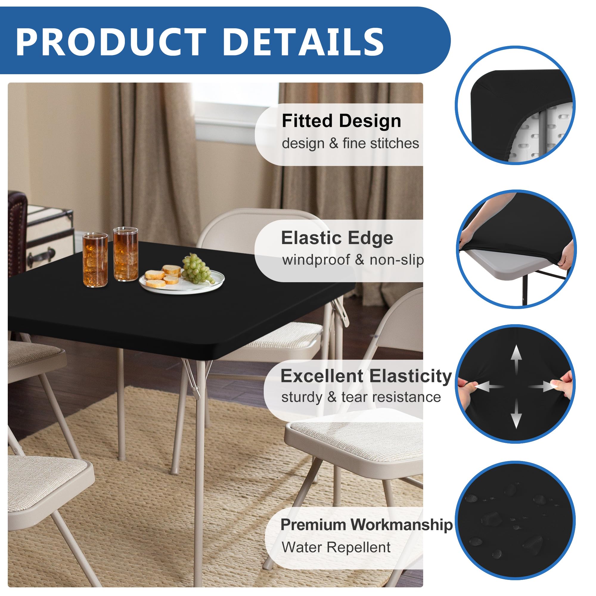 Enjoyidea square tablecloth close-up shows wrinkle-free stretch fabric.