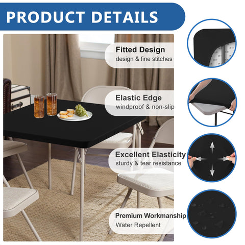 Enjoyidea stretch-fit tablecloth securing square table for easy setup.