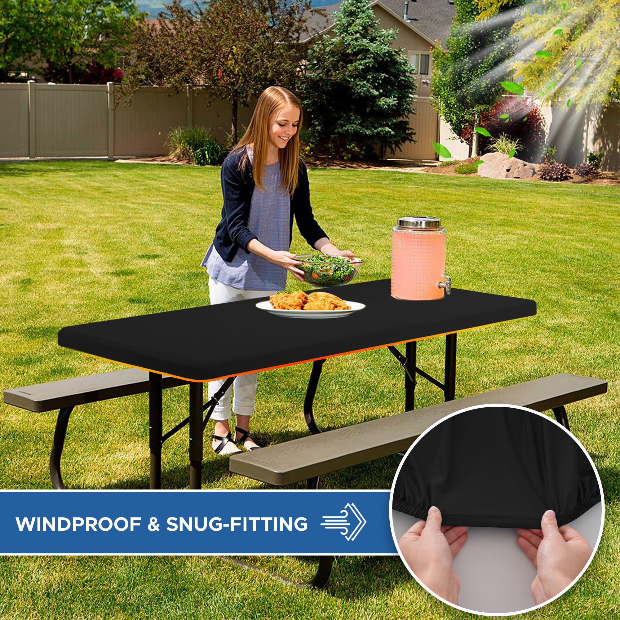 Enjoyidea water-repellent tablecloth protects surfaces during outdoor dining.