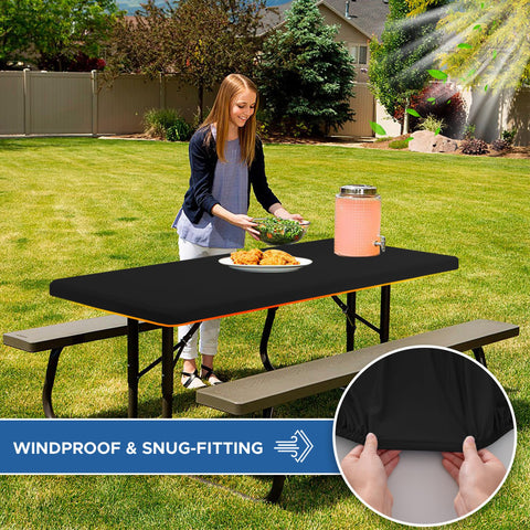 Enjoyidea water-repellent tablecloth protects surfaces during outdoor dining.