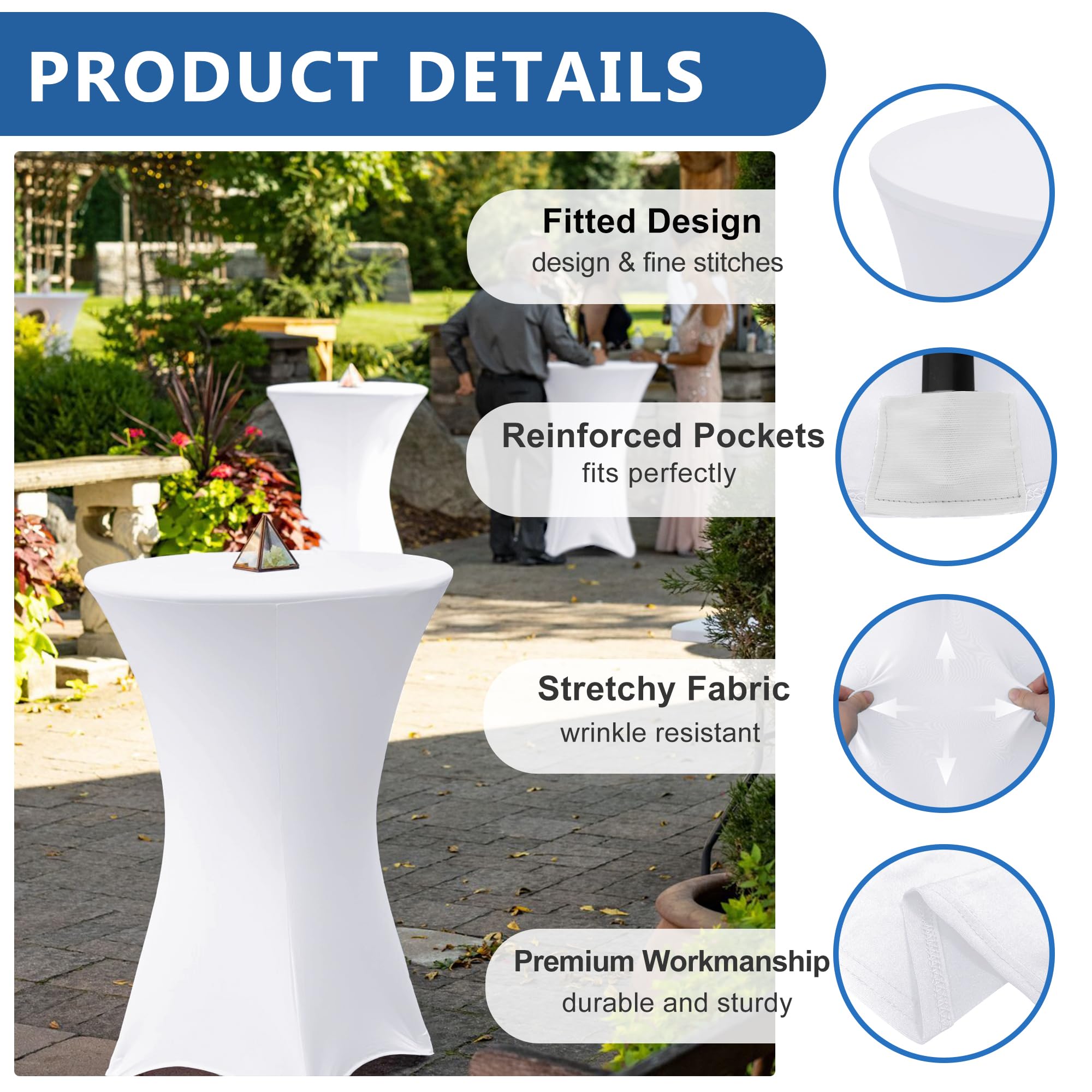 Enjoyidea white spandex fitted tablecloth fitting round high tables with smooth stretch
