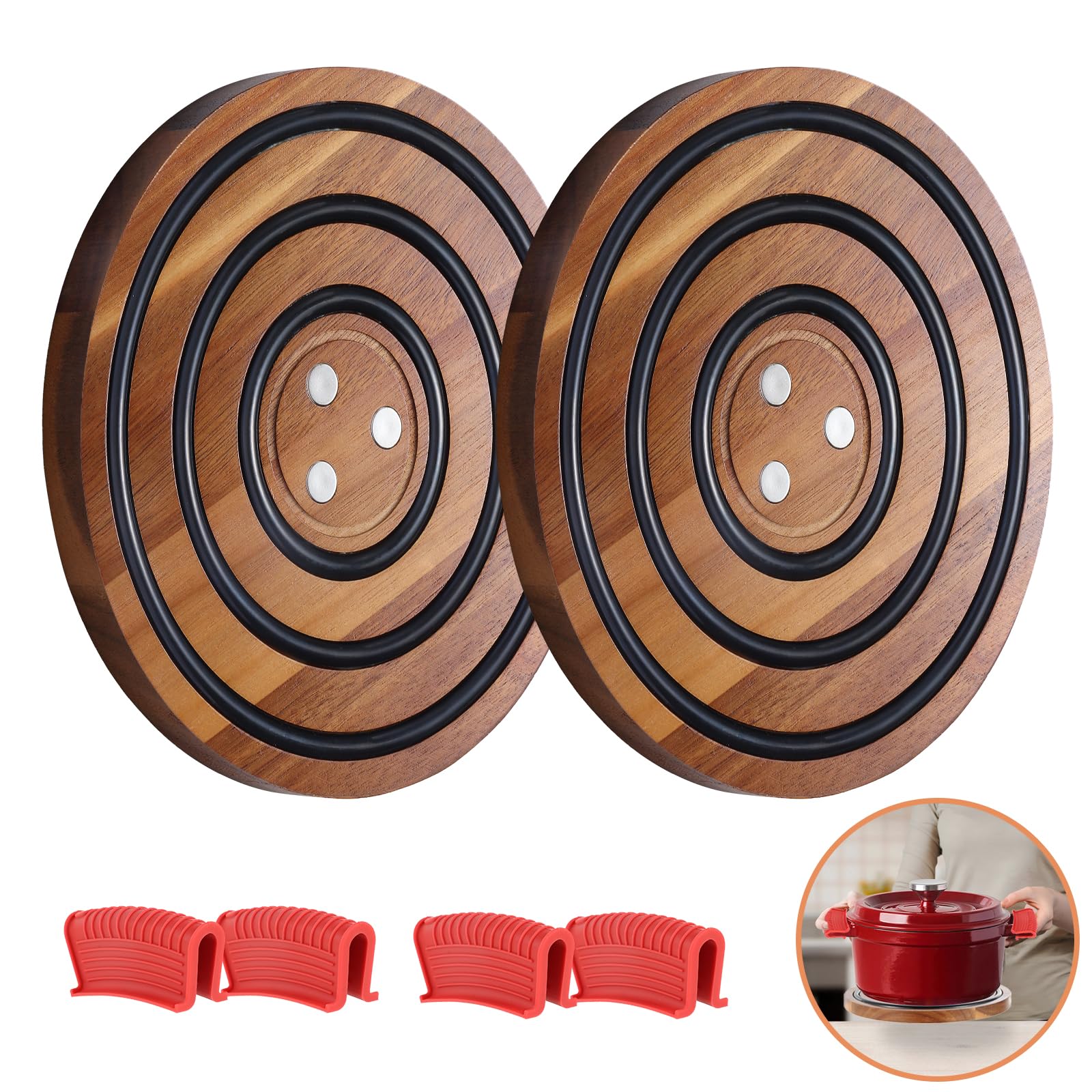 Enlisiwte magnetic trivet on acacia wood provides heat protection for cookware.