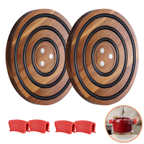 Enlisiwte magnetic trivet on acacia wood provides heat protection for cookware.