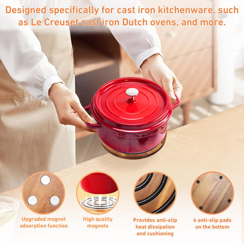 Magnetic adhesion aids moving pots securely from oven to table.