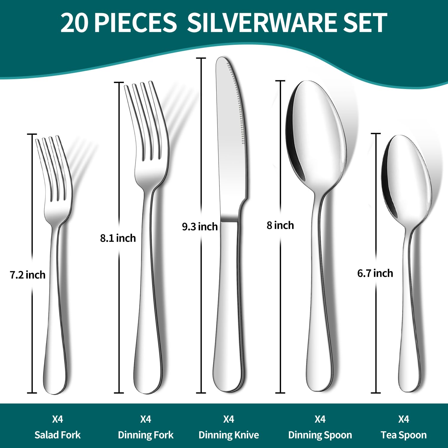 ENLOY stainless steel knife, fork, and spoon trio for durable, comfortable meals.