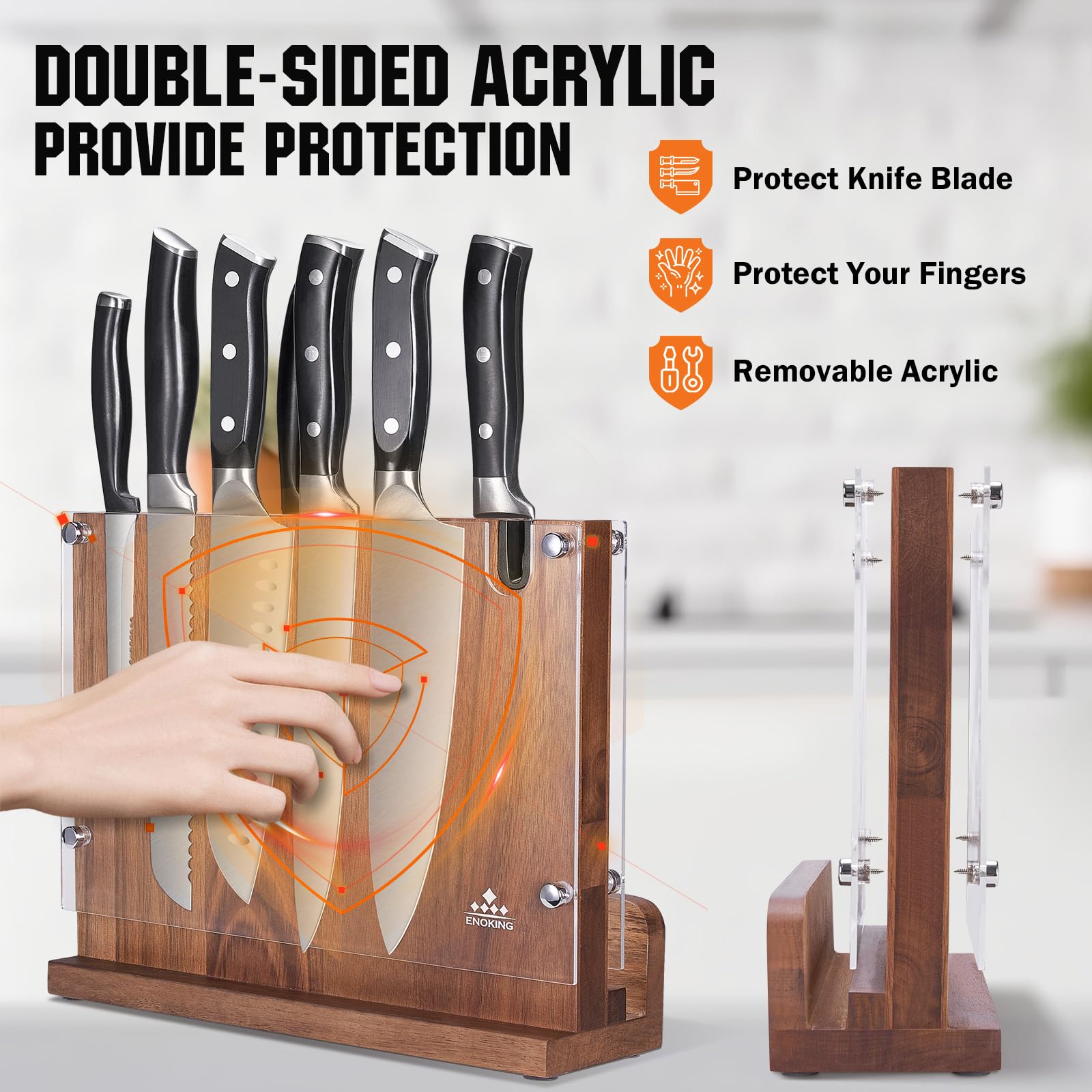ENOKING acacia wood block highlighting natural grain and durable construction.