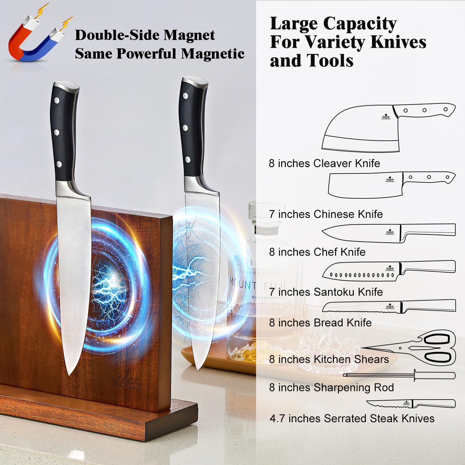 ENOKING acacia wood knife holder with durable grain and lasting quality.