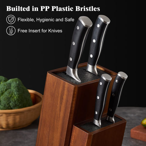 ENOKING acacia wood knife organizer showcases natural grain while reducing blade dulling.
