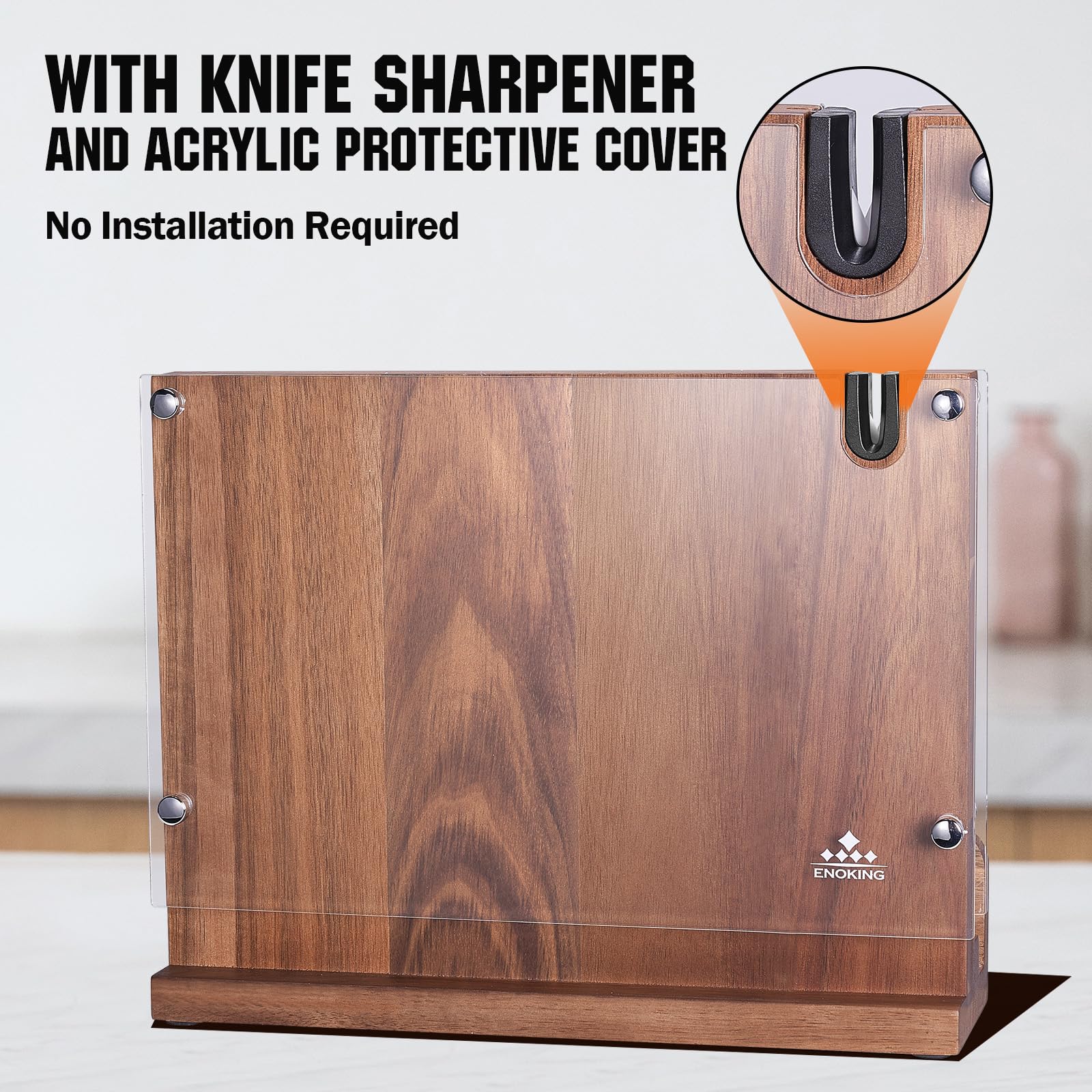 ENOKING block with built-in sharpener maintains blade sharpness during use.
