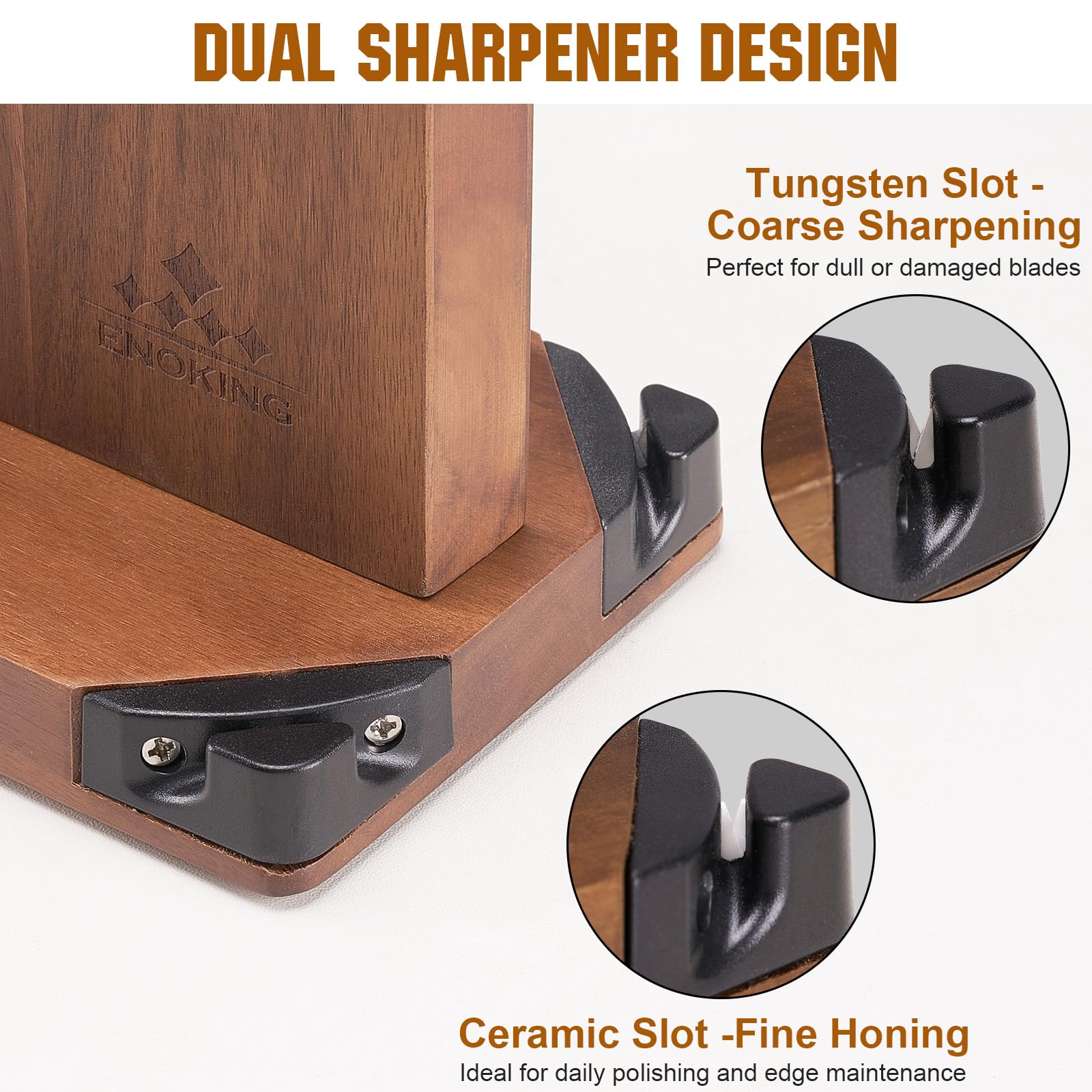 ENOKING built-in sharpeners close-up illustrates quick blade touch-ups without removing knives