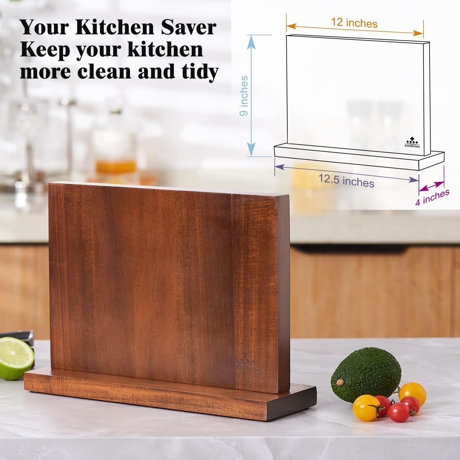 ENOKING magnetic knife block keeps kitchen counters organized and knives accessible.