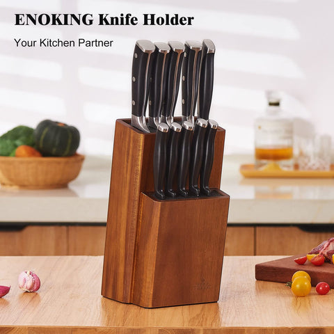 ENOKING acacia wood knife holder combines safety with stylish kitchen display.