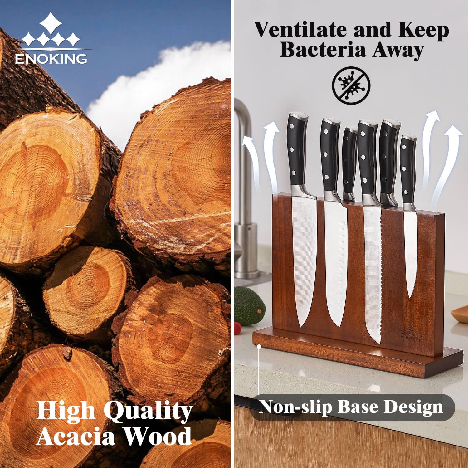 ENOKING knife block with non-slip base stays firmly on the counter.