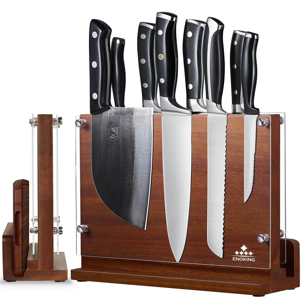 ENOKING magnetic knife block in acacia wood offers secure knife grip.