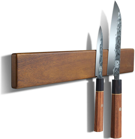 ENOKING magnetic knife strip in acacia wood mounted on wall for easy access to knives