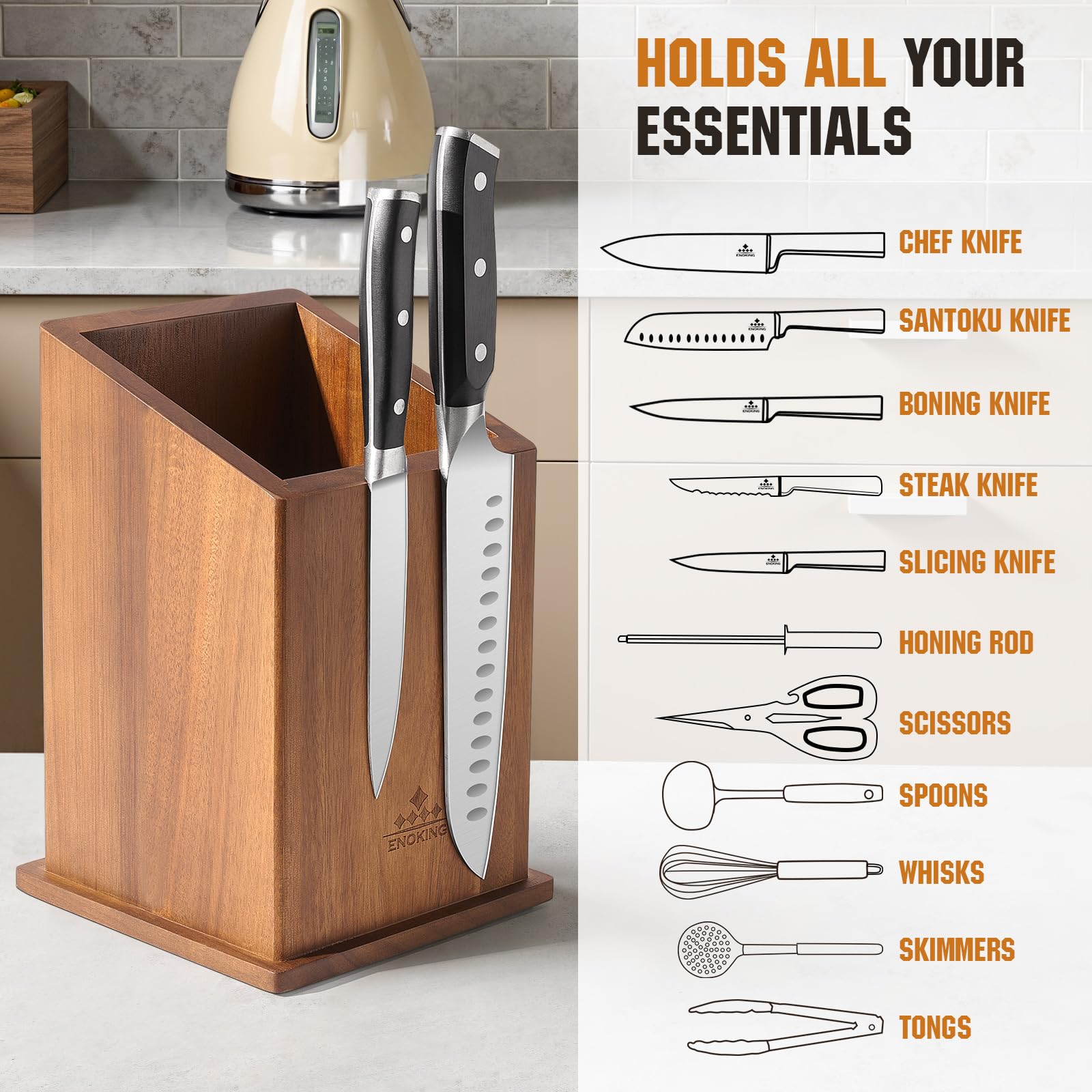 ENOKING rich acacia wood finish enhances kitchen aesthetics and durability.