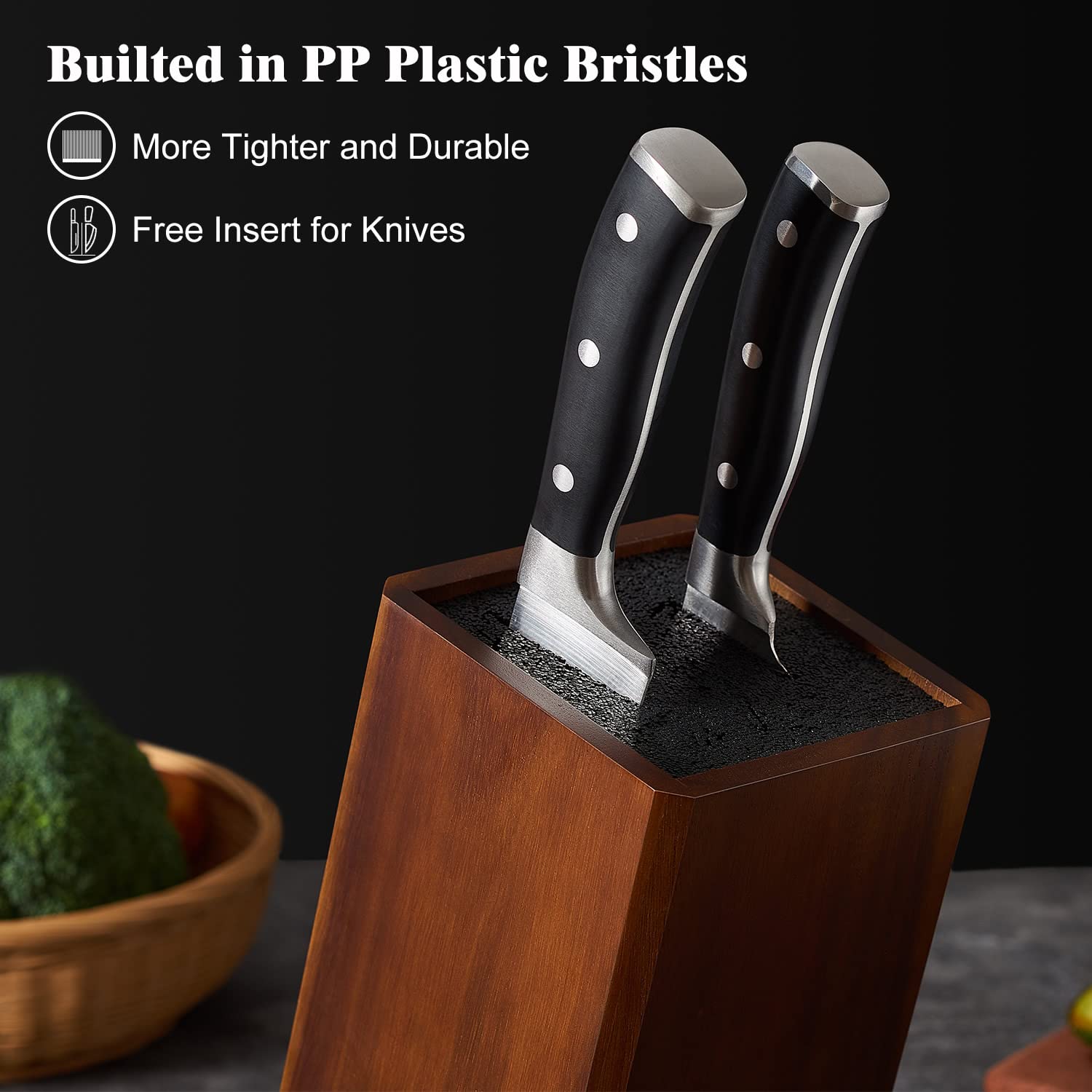 ENOKING knife block with removable bristles enables easy cleaning and safe blade storage.