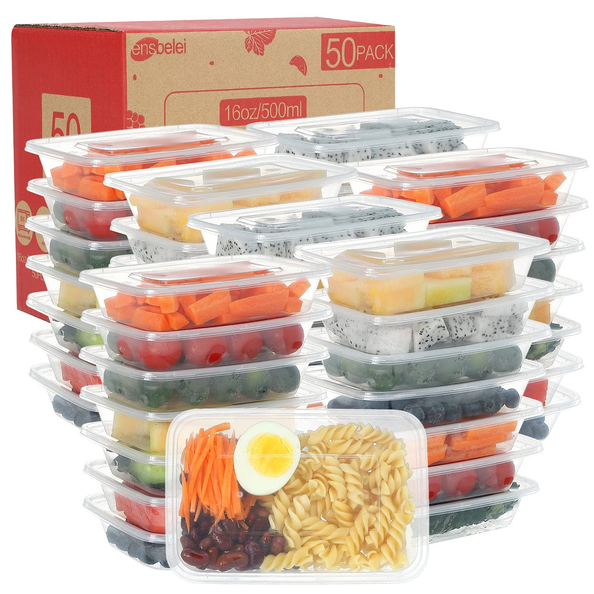 Ensbelei 16oz disposable containers in a 50-pack, ideal for meal prep and on-the-go meals.