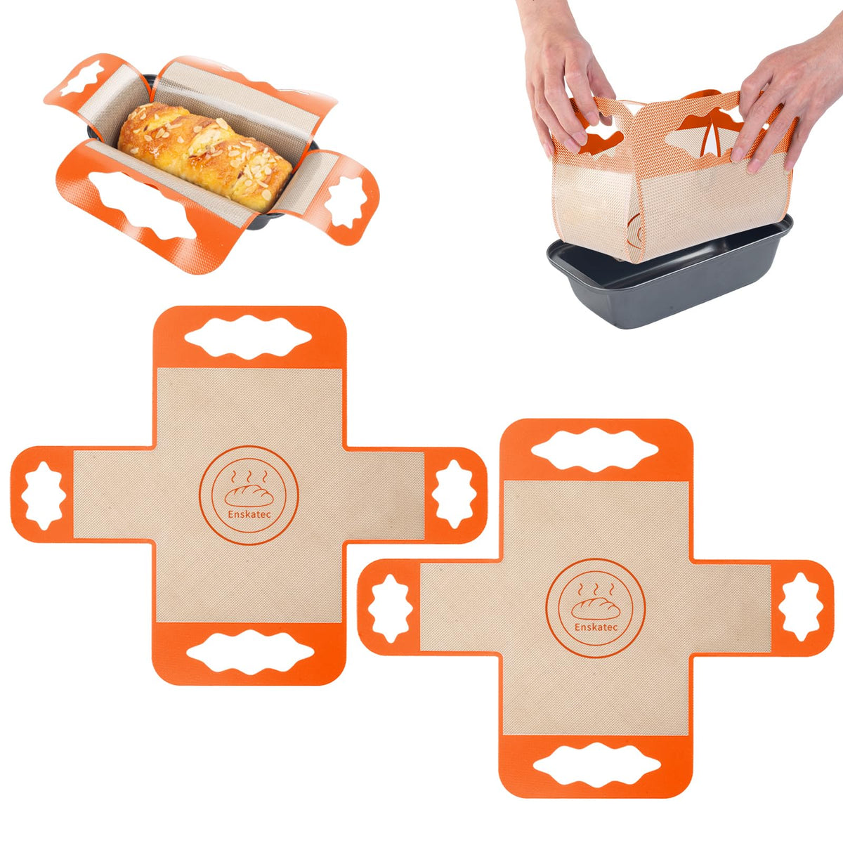 Enskatec silicone loaf liner with four handles for stable dough transfer.