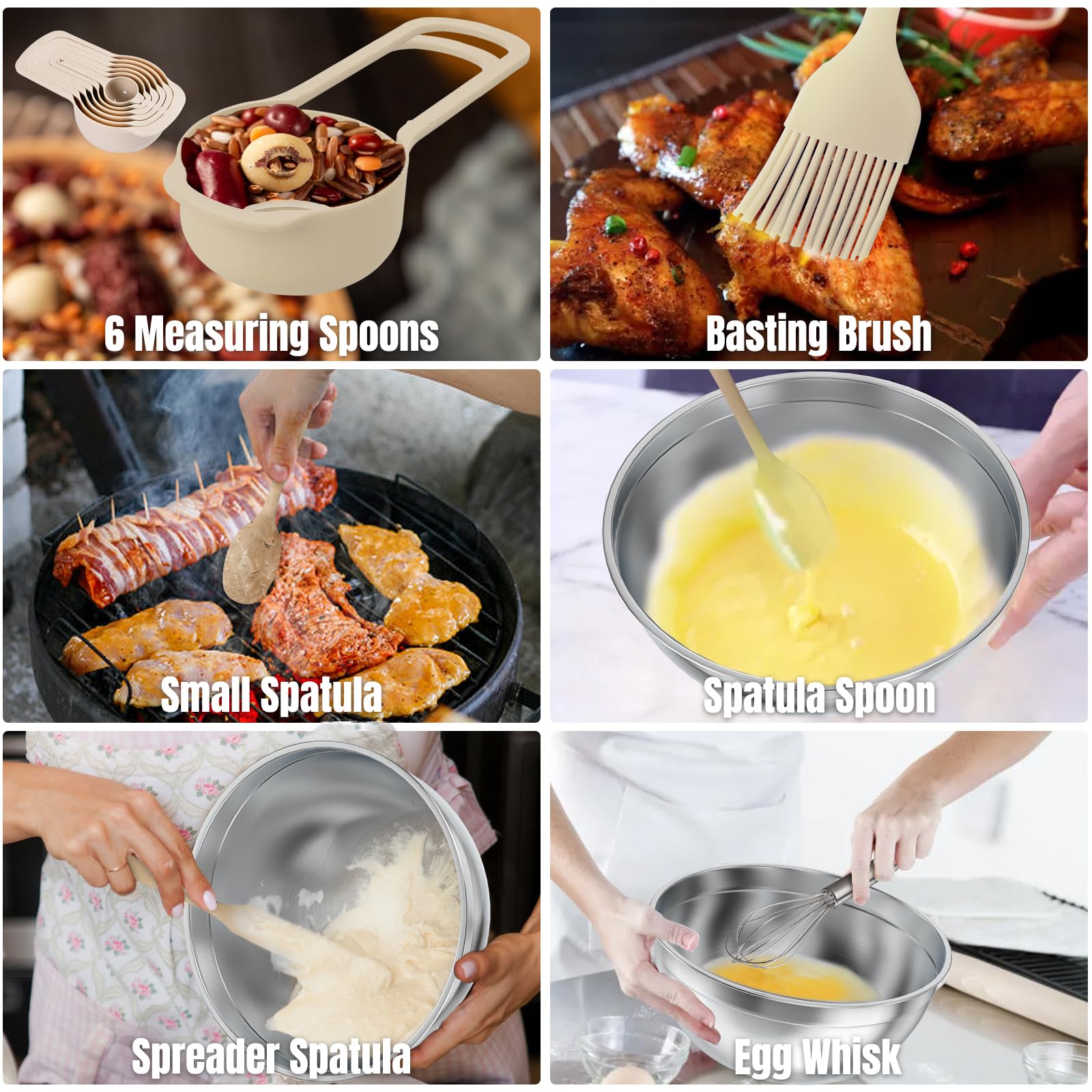 Includes basting brush, spatulas, whisk, and six measuring spoons for complete prep.