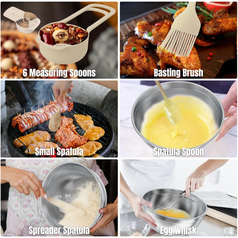 Includes basting brush, spatulas, whisk, and six measuring spoons for complete prep.