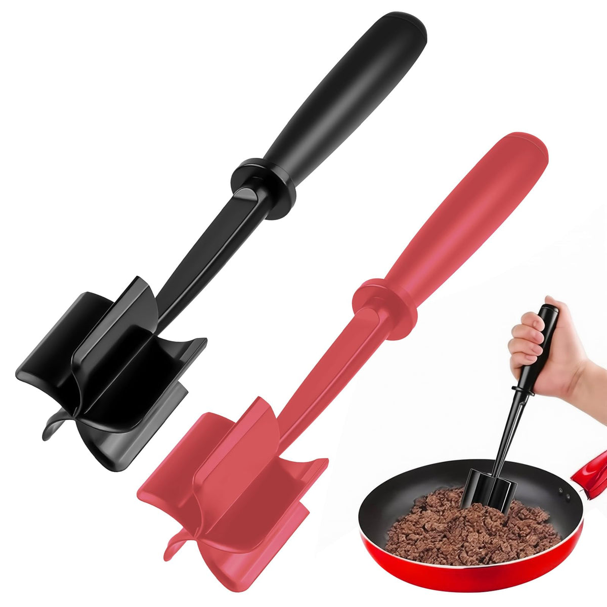 EoaMen ground beef chopper set in black and red for quick patty prep.