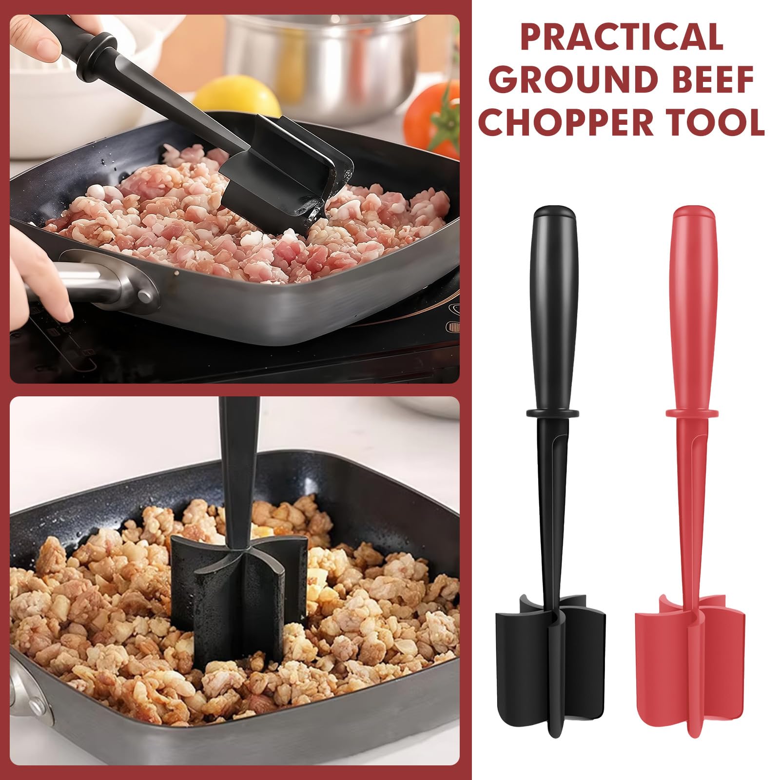 EoaMen meat masher with grooved handle for a secure grip during cooking.