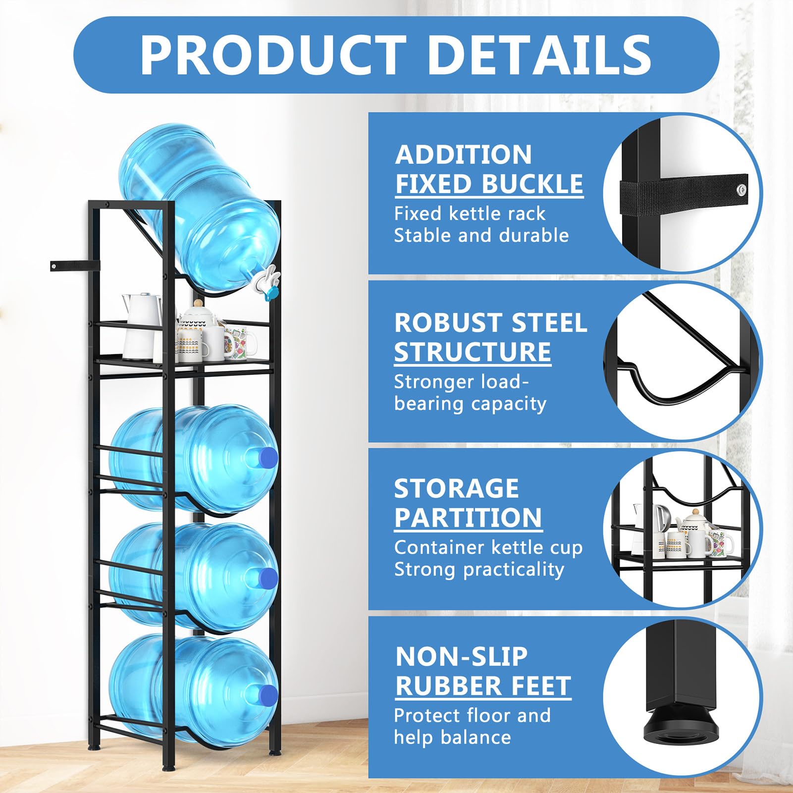Bottom tier storage holding multiple bottles and items