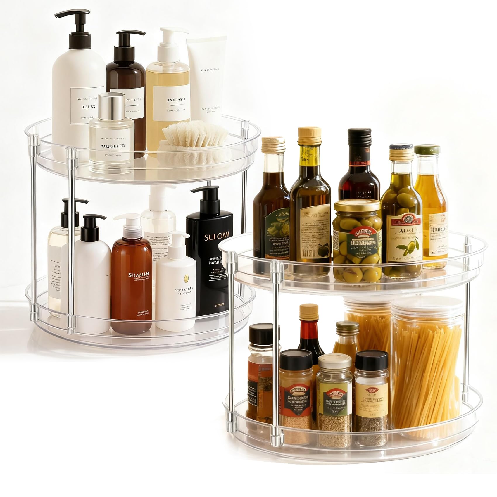 EODELLY two-tier clear lazy Susan for easy reach of spices.