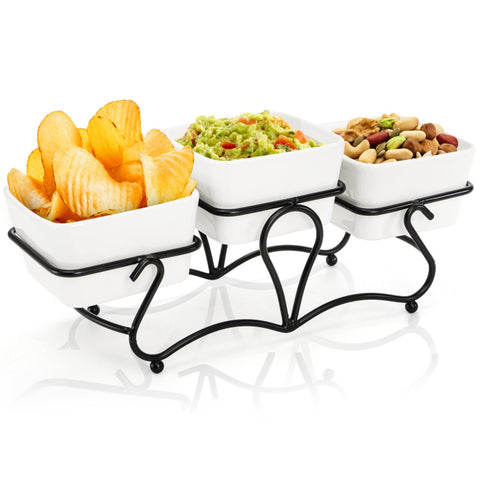 Eorbow 10 oz square bowls on black metal stand, ideal for party appetizers.
