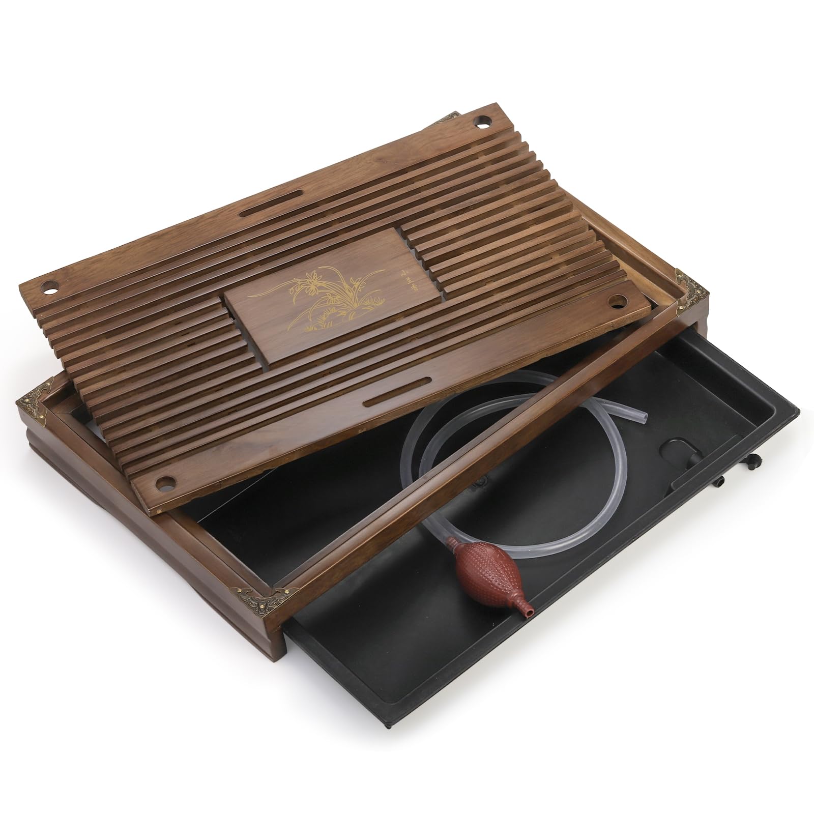 Eorbow tea tray drainage hole close-up emphasizes tidy setup and clean lines.