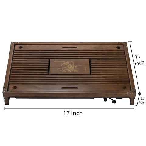 Eorbow tea tray drawer open demonstrates convenient water storage and easy drainage.