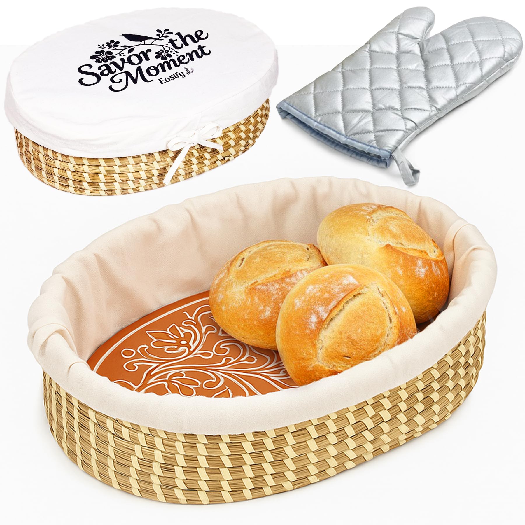 Eosify bread warmer basket with stone keeps rolls warm at the table.
