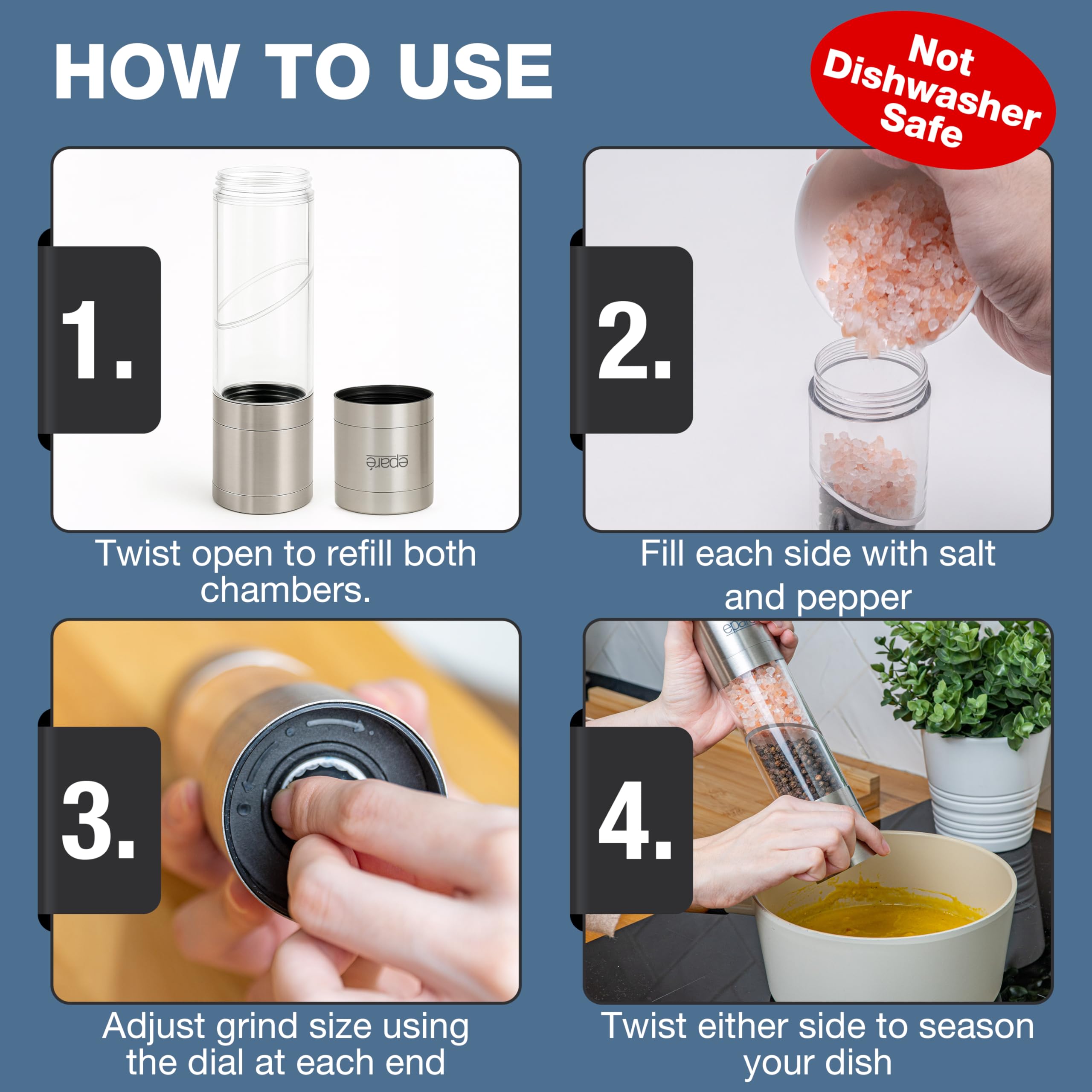 Eparé clear chambers reveal spice levels for easy refills.