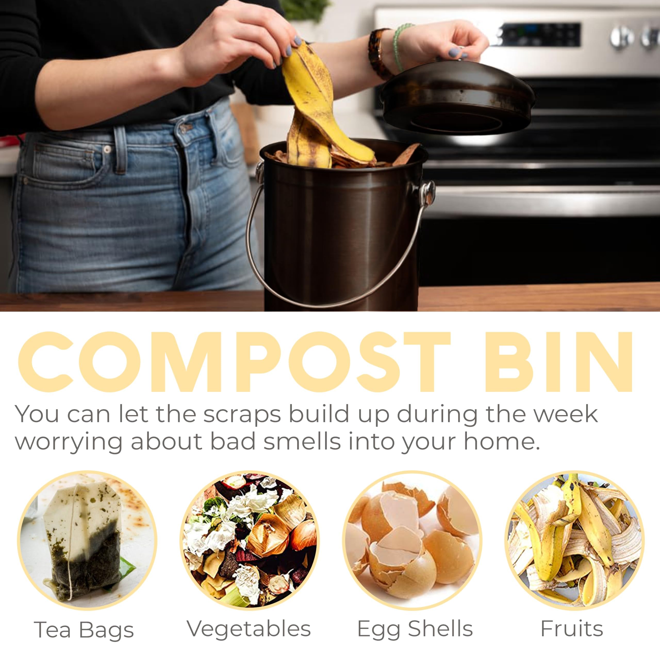 Epica kitchen compost bin in use during meal prep