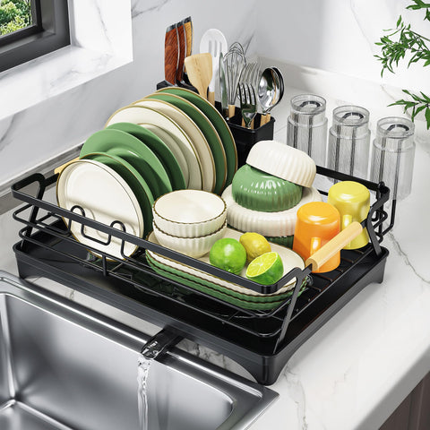 Epicano dish drying rack on counter with space-saving design helps organize dishes