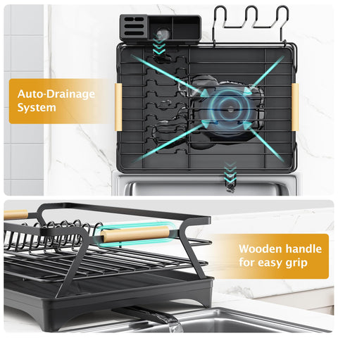 Epicano dish drying rack with ergonomic wooden handle for easy repositioning