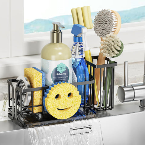 Epicano sink caddy with smiley-face sponge shelf keeps sponges organized and accessible.