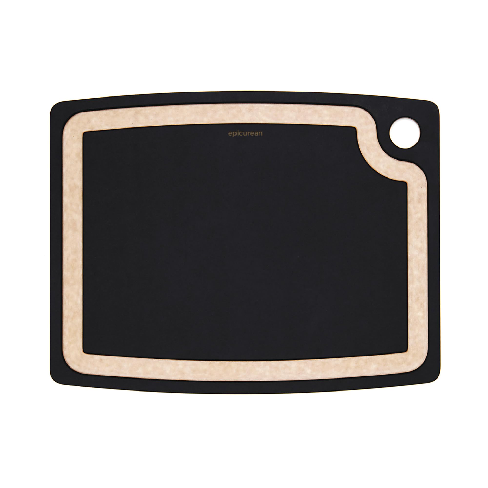 Epicurean Gourmet Series cutting board with juice groove in slate and natural accent.