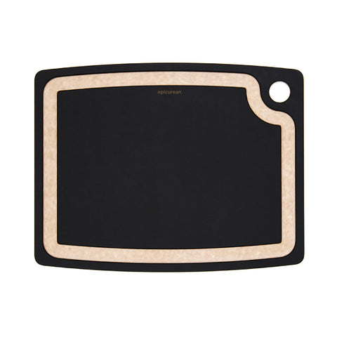Epicurean Gourmet Series cutting board with juice groove in slate and natural accent.